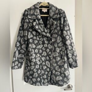 LOFT Gray Leopard-Print Faux Fur Moto Pea Coat